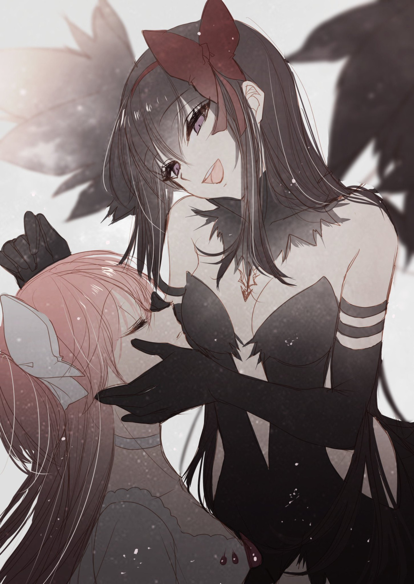 2girls akemi_homura akuma_homura bare_shoulders black_dress black_gloves black_hair bow choker detached_collar dress elbow_gloves feathered_wings fur_collar gloves hair_bow highres holding_another's_head kaname_madoka light_particles long_hair mahou_shoujo_madoka_magica misteor multiple_girls open_mouth pink_hair plunging_neckline smile two_side_up ultimate_madoka white_background white_choker white_dress wings
