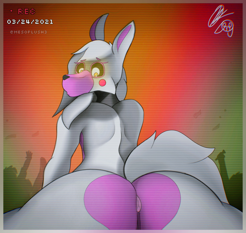 absurd_res animatronic anthro anus audience big_butt bubble_butt butt camera_view canid canine cute_expression five_nights_at_freddy's five_nights_at_freddy's_2 fluffy fluffy_tail fox girly gradient_background group hair hi_res looking_back machine male mammal mangle_(fnaf) mesoplush perineum pink_muzzle presenting rear_view reveal robot simple_background solo spread_legs spreading stripper video_games white_body white_hair yellow_eyes