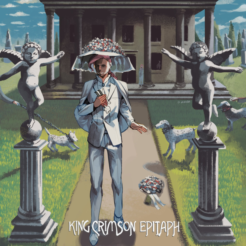 1boy album_cover album_cover_redraw alternate_costume animal artist_name bouquet building buttons charm_(object) cherub commentary cover derivative_work dog english_commentary english_text epitaph faceless flower formal grass hat highres holding holding_charm jojo_no_kimyou_na_bouken king_crimson lapel long_sleeves male_focus namesake out_of_frame parody path pillar pink_hair shawl shirt solo_focus standing statue suit twitter_username veil vento_aureo vinegar_doppio white_footwear white_headwear white_shirt white_suit worvies