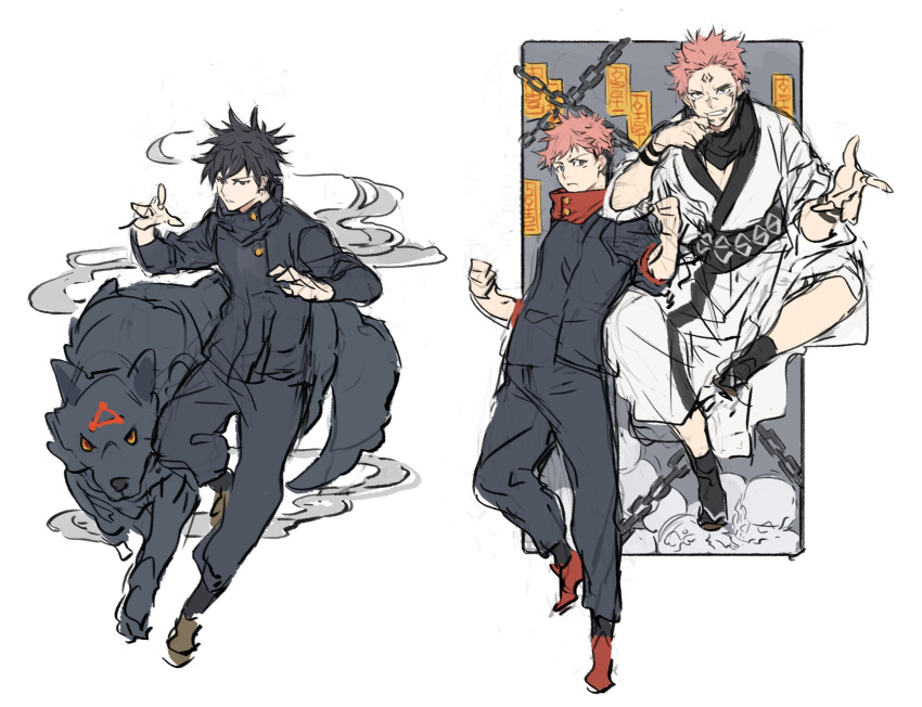 3boys animal bangs black_dog black_hair blonde_hair dog facial_tattoo fushiguro_megumi gakuran highres hood hoodie itadori_yuuji japanese_clothes jennygin2 jujutsu_kaisen kimono long_hair male_focus multicolored_hair multiple_boys pants red_hoodie ryoumen_sukuna_(jujutsu_kaisen) school_uniform simple_background sketch spiked_hair tattoo undercut white_background