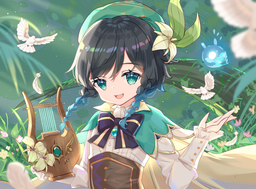 1boy androgynous bangs beret binan_xian_lu bird black_hair blue_hair bow braid brooch cape collared_cape collared_shirt corset dove eyebrows_visible_through_hair feathers flower frilled_sleeves frills gem genshin_impact gradient_hair green_eyes green_headwear hat hat_flower highres holding holding_instrument instrument jewelry leaf long_sleeves looking_at_viewer lyre male_focus multicolored_hair open_mouth seelie_(genshin_impact) shirt short_hair_with_long_locks smile solo tree twin_braids venti_(genshin_impact) white_flower white_shirt
