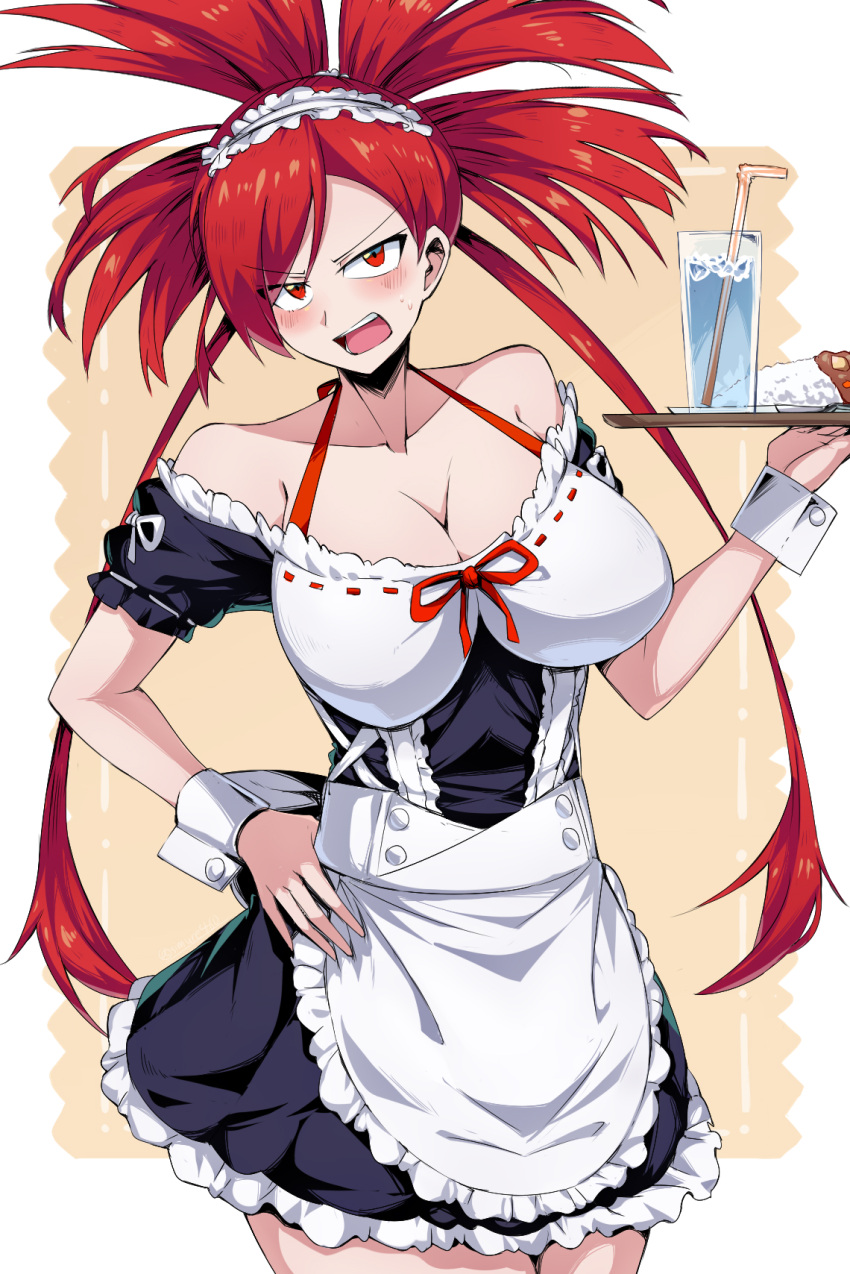 1girl apron bangs breasts cleavage collarbone cowboy_shot cup curry curry_rice dress drinking_glass eyes_visible_through_hair flannery_(pokemon) food frilled_dress frills gym_leader halterneck hand_on_hip highres holding holding_tray looking_at_viewer maid maid_headdress open_mouth pokemon pokemon_(game) pokemon_rse red_eyes red_hair rice shimure_(460) solo standing swept_bangs tray waist_apron wrist_cuffs