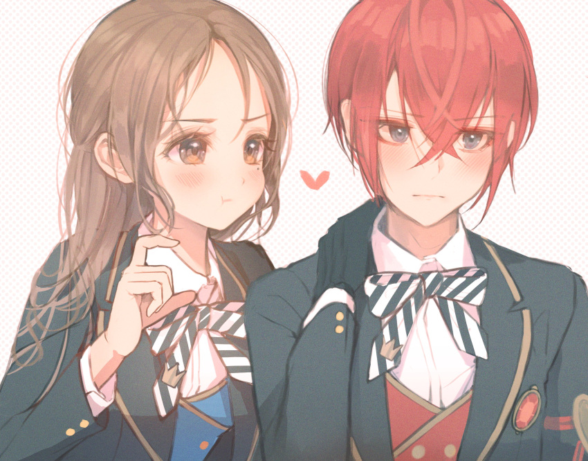 1boy 1girl :t absurdres black_gloves black_jacket blazer blue_vest blush bow brown_eyes brown_hair closed_mouth commission dress_shirt gloves grey_eyes hair_between_eyes hand_on_own_neck hand_up heart heart_hand_thumb_up_duo highres immi_immi jacket long_hair night_raven_college_uniform polka_dot polka_dot_background pout red_hair red_vest riddle_rosehearts school_uniform shirt striped striped_bow striped_neckwear twisted_wonderland uniform upper_body vest white_shirt yuu_(twisted_wonderland)