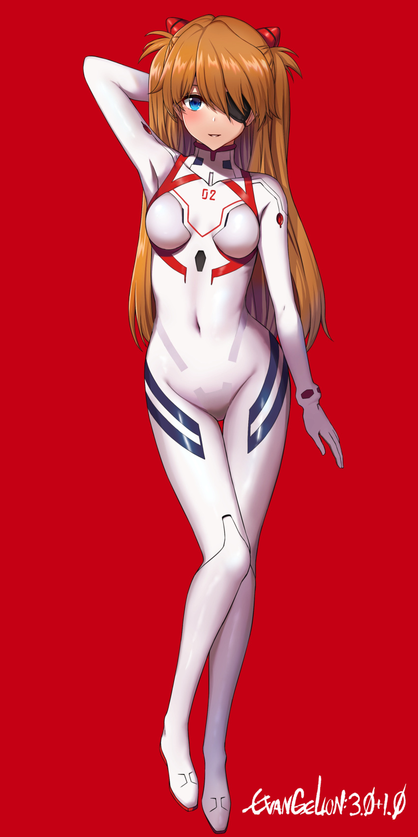 1girl :d absurdres arm_behind_head arm_up blue_eyes blush bodysuit breasts brown_hair commentary_request copyright_name covered_navel evangelion:_3.0+1.0_thrice_upon_a_time eyepatch full_body grin groin hair_over_one_eye highres junyamaekaki leg_up long_hair looking_at_viewer medium_breasts neon_genesis_evangelion open_mouth orange_hair parted_lips plugsuit rebuild_of_evangelion red_background simple_background skin_tight smile solo souryuu_asuka_langley standing standing_on_one_leg thigh_gap very_long_hair white_bodysuit