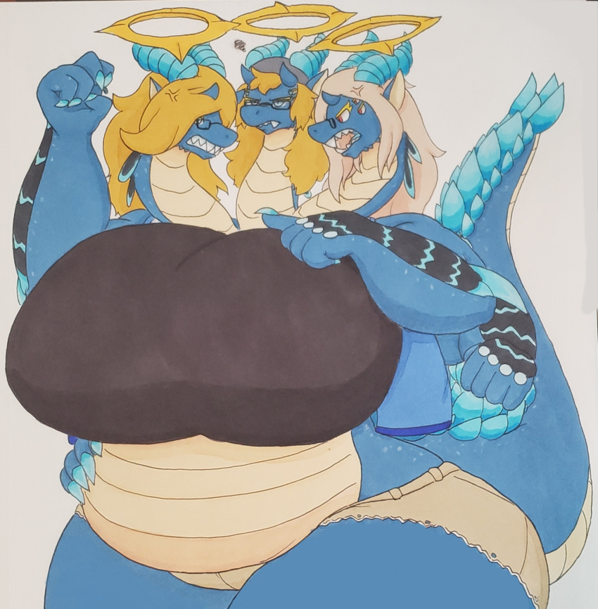 angry anthro big_breasts blue_body breasts dragon eyewear female gesture glasses group halo hi_res horn huge_breasts hydra hyper hyper_breasts jumneyarts multi_eye multi_hand multi_head overweight overweight_anthro overweight_female pointing proton_jon slightly_chubby spiked_tail spikes spikes_(anatomy) unimpressed