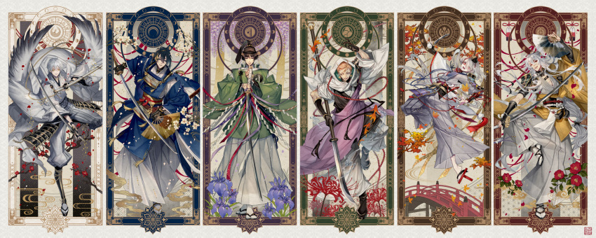 6+boys armor beads black_gloves black_hair blue_eyes branch bridge brown_hair camellia cherry_blossoms earrings eyes_visible_through_hair fan finger_to_mouth fish flower folding_fan geta gloves goldfish hair_over_one_eye hakama hat highres hood ima-no-tsurugi ishikirimaru iwatooshi japanese_armor japanese_clothes jewelry kariginu katana kogitsunemaru long_hair low-tied_long_hair male_focus mikazuki_munechika multiple_boys naginata ootachi open_mouth orange_eyes orange_hair partially_fingerless_gloves petals polearm pom_pom_(clothes) red_eyes sandals shide short_sword shoulder_armor smile sode spider_lily standing standing_on_one_leg sword tabi tantou tengu-geta tokin_hat touken_ranbu tsurumaru_kuninaga very_long_hair weapon white_hair wings wisteria yamatsuki_sou yellow_eyes