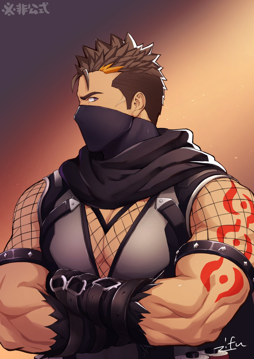 1boy arm_tattoo bara bare_shoulders black_scarf brown_hair character_request crossed_arms dark_skin dark_skinned_male fishnet_sleeves fishnet_top fishnets gyee highres looking_at_viewer male_cleavage male_focus mask mouth_mask multicolored_hair muscular muscular_male ninja pectorals scarf short_hair sideburns solo streaked_hair tattoo upper_body zifuuuun