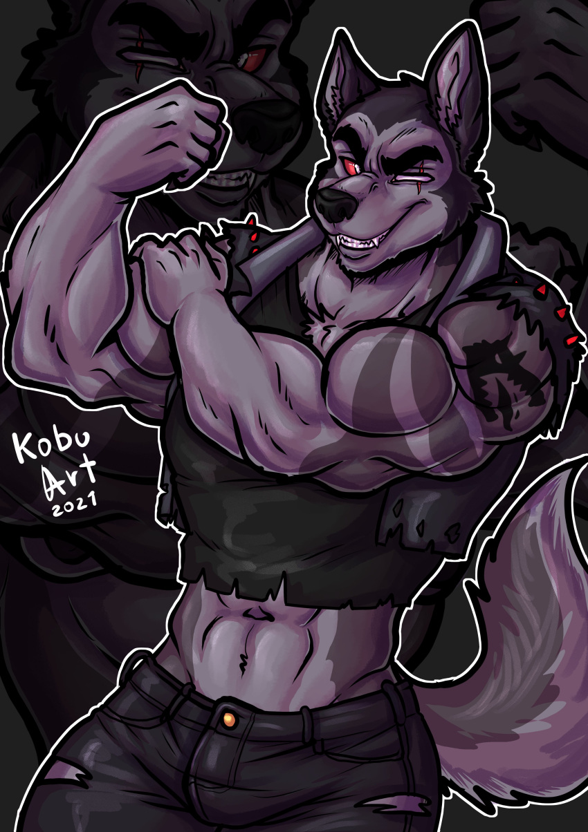2021 5_fingers abs absurd_res anthro arm_tattoo biceps black_nose blind_eye bottomwear canid canid_demon canine canis chest_tuft claws clothed clothing demon digital_media_(artwork) eye_scar facial_scar fangs finger_claws fingers flexing fur grey_body grey_fur grin half-length_portrait hand_on_own_arm hellhound helluva_boss hi_res holding_arm humanoid_hands inner_ear_fluff jacket kobu_art leather leather_clothing leather_jacket leather_topwear looking_at_viewer male mammal midriff muscular muscular_anthro muscular_male navel pants pinup portrait pose red_sclera scar sharp_teeth shirt signature sleeveless smile solo tattoo teeth toothy_grin topwear torn_bottomwear torn_clothing torn_jacket torn_pants torn_shirt torn_sleeves torn_topwear tuft vortex_(vivzmind) white_eyes wolf