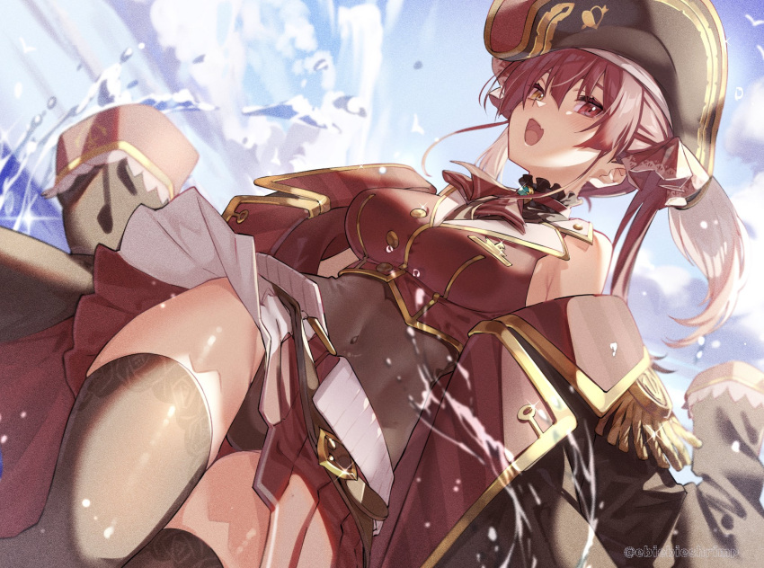 1girl bangs belt bicorne black_legwear coat coat_on_shoulders covered_navel cropped_jacket from_below hair_ribbon hat heterochromia highres hololive houshou_marine jacket leotard leotard_under_clothes navel_piercing neckerchief open_mouth piercing pirate_hat pleated_skirt red_eyes red_hair red_jacket red_ribbon red_skirt ribbon sheer_leotard shuri_(84k) skirt solo standing thighhighs twintails two-tone_skirt virtual_youtuber white_skirt yellow_eyes