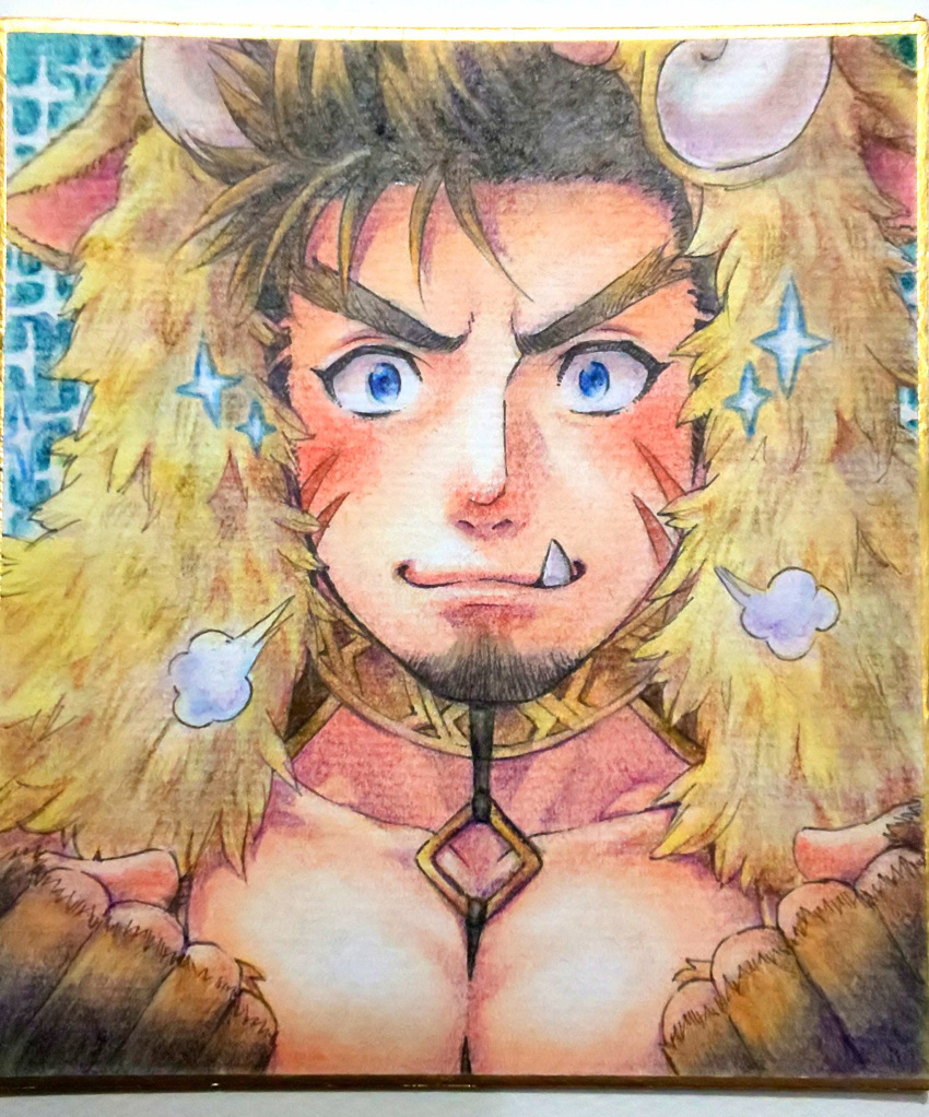 1boy animal_hood bara bare_pecs between_pecs blush breath chest_harness close-up collar face facial_hair fang fingerless_gloves forked_eyebrows fur_(clothing) gloves goatee gullinbursti_(tokyo_houkago_summoners) harness highres hood long_sideburns looking_at_viewer male_focus mature_male momo_(redcomet1104) muscular muscular_male pectorals portrait revealing_clothes short_hair sideburns solo spiked_hair tokyo_houkago_summoners traditional_media