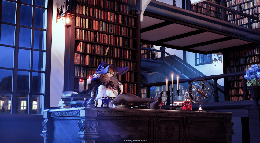 1girl absurdres alcohol ankle_ribbon bangs black_legwear blue_flower book book_stack bookshelf bottle breasts brown_hair candle candlelight candlestand cii_(1415509675) cleavage crossed_legs cup desk drinking_glass fire flower genshin_impact green_eyes hat hat_flower highres holding holding_book huge_filesize ink_bottle lantern large_breasts legs_on_table library lisa_(genshin_impact) long_hair looking_at_viewer night night_sky purple_flower purple_headwear quill railing ribbon rose short_sleeves sky solo stairs thighhighs thighs vase window wine wine_bottle wine_glass witch_hat