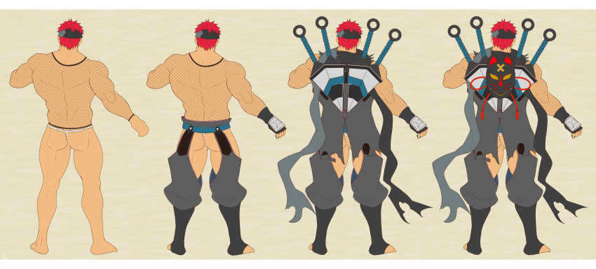 1boy absurdres ass bara bare_shoulders black_headband bulge cape character_name chest_harness clothing_cutout crotchless crotchless_pants facial_hair flat_color from_behind full_body fundoshi goatee green_eyes grey_pants gyee harness headband highres hip_vent huge_filesize japanese_clothes kunai kuro_(shiranui) looking_at_viewer male_focus muscular muscular_male musso_(gyee) navel oversized_object pants red_hair shirtless sidepec standing thick_thighs thigh_cutout thighs torn_clothes underwear underwear_only weapon white_male_underwear