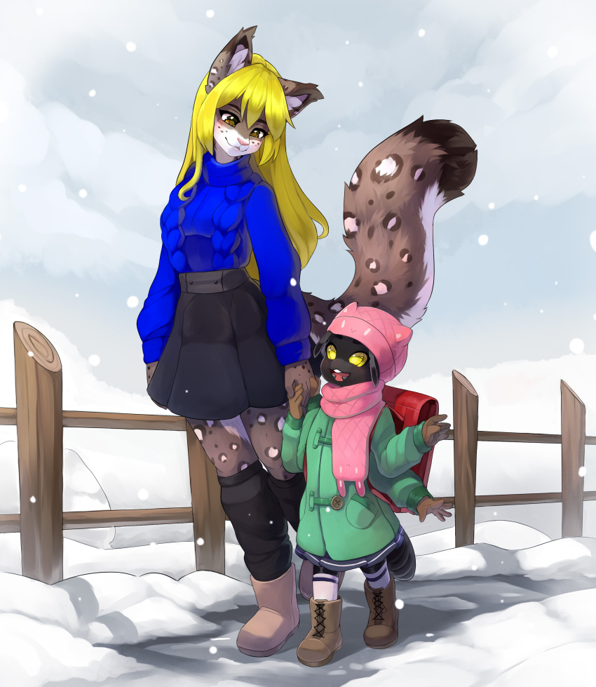 absurd_res anthro arthropod backpack clothing coat cricket duo felid female hand_holding hi_res hikari_(xirix) insect mammal mother mother_and_child orthopterid pantherine parent parent_and_child school_uniform snow snow_leopard talilly topwear umbra_(xirix) uniform