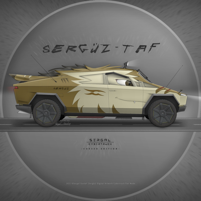 2021 absurd_res anthro black_hair brown_body brown_fur car cursed_image cybertruck dead_meme digital_media_(artwork) fur hair hi_res male meme memes offroad redesign road sergal sergal_gustaf7 serguz simple_background solo tesla_(brand) vehicle windshield_wiper