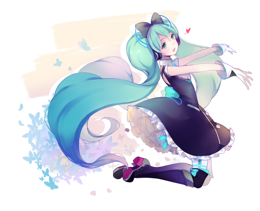 1girl absurdres aqua_hair black_bow black_dress boots bow bug butterfly chinese_commentary collared_dress commentary dress frilled_dress frills full_body gloves hair_bow hatsune_miku headphones heart highres insect long_hair looking_at_viewer magical_mirai_(vocaloid) makuhari-chan open_mouth short_sleeves signature sleeveless slyvia smile solo thigh_boots thighhighs twintails very_long_hair vocaloid white_background white_gloves