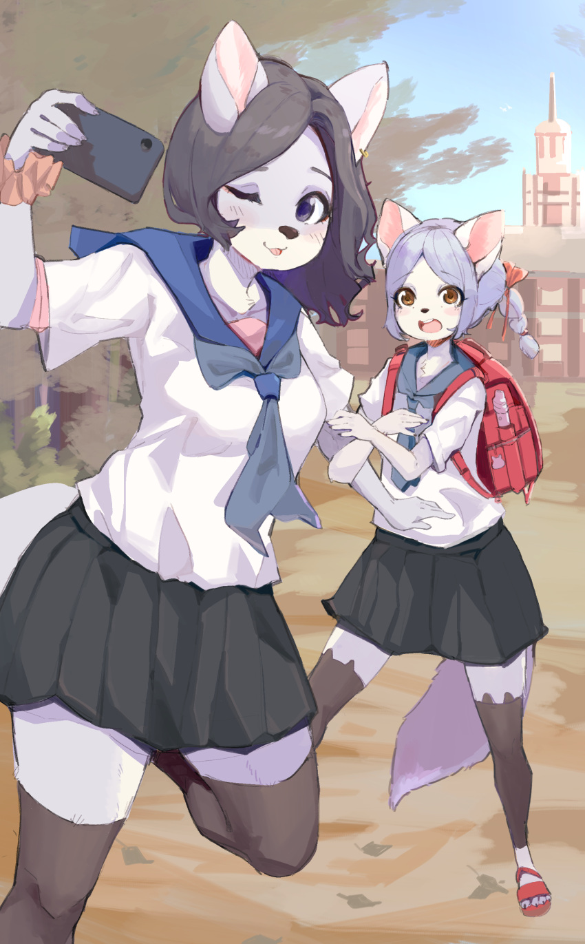 absurd_res anthro arctic_fox backpack canid canine canis clothing duo entalia female fox hi_res kemono mammal musical_instrument nina_(xirix) randoseru recorder_(musical_instrument) school school_uniform uniform wanko0487 wind_instrument wolf woodwind_instrument young