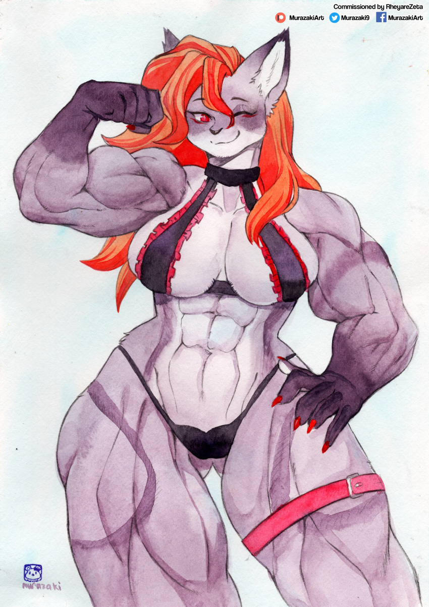 abs absurd_res anthro biceps big_breasts biped breasts claws clothed clothing female flexing fur hair hi_res looking_at_viewer mammal murazaki muscular muscular_anthro muscular_female one_eye_closed painting_(artwork) simple_background skimpy smile solo standing traditional_media_(artwork) underwear watercolor_(artwork) wink