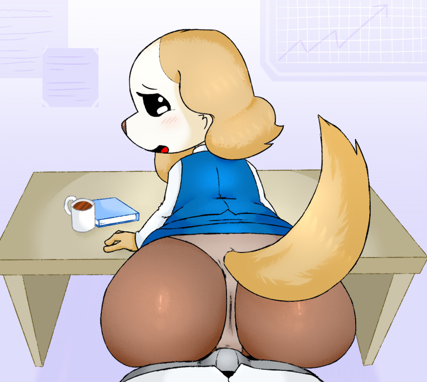 2020 aggressive_retsuko anthro belisssyma big_butt blush borzoi bottomwear brown_nose bulge butt canid canine canis clothed clothing countershade_face countershading domestic_dog duo eyelashes female fernut floppy_ears fur grinding hunting_dog inside inui_(aggressive_retsuko) leaning leaning_forward legwear looking_back male male/female mammal open_mouth panties pantyhose raised_bottomwear raised_clothing raised_skirt rear_view sanrio sighthound skirt tan_body tan_fur tongue topwear underwear white_body white_fur