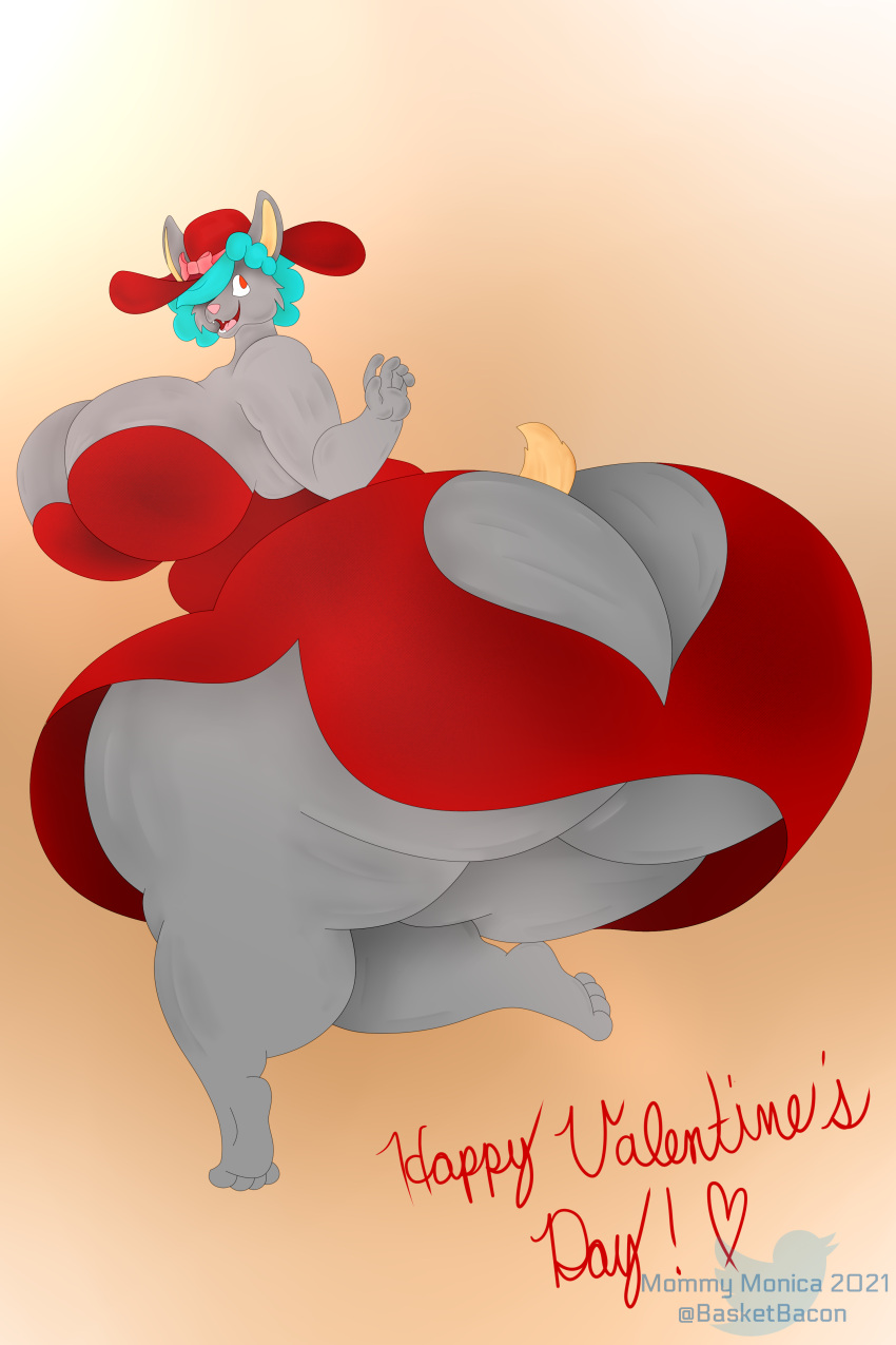 2021 absurd_res anthro baconbasket big_breasts big_butt breasts butt canid canine canis clothing digital_drawing_(artwork) digital_media_(artwork) digital_painting_(artwork) english_text female hair hat headgear headwear hi_res huge_breasts huge_butt hyper hyper_breasts hyper_butt mammal monica_(baconbasket) obese obese_anthro obese_female overweight overweight_anthro overweight_female shaded signature simple_background smaller_version_at_source smile solo ssbbw text thick_thighs watermark wide_hips wolf