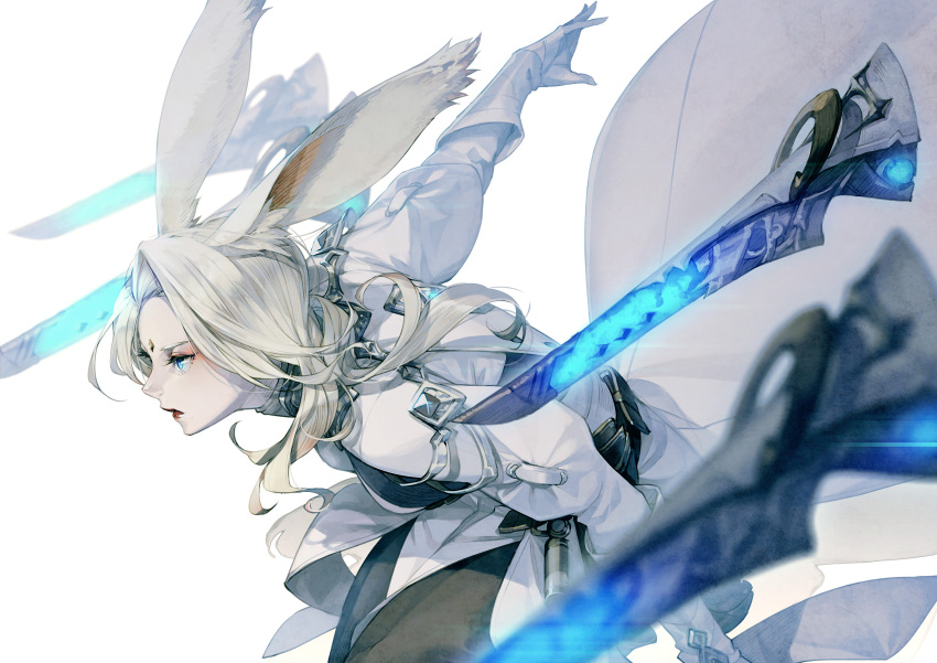 1girl animal_ear_fluff animal_ears blue_eyes blurry blurry_foreground bunny_ears closed_mouth coat eyeshadow final_fantasy final_fantasy_xiv floating floating_object floating_weapon garlean gloves grey_hair gun hatching_(texture) highres kyo_(kuroichigo) lens_flare long_hair makeup red_lips sage_(final_fantasy) solo viera weapon white_coat white_gloves