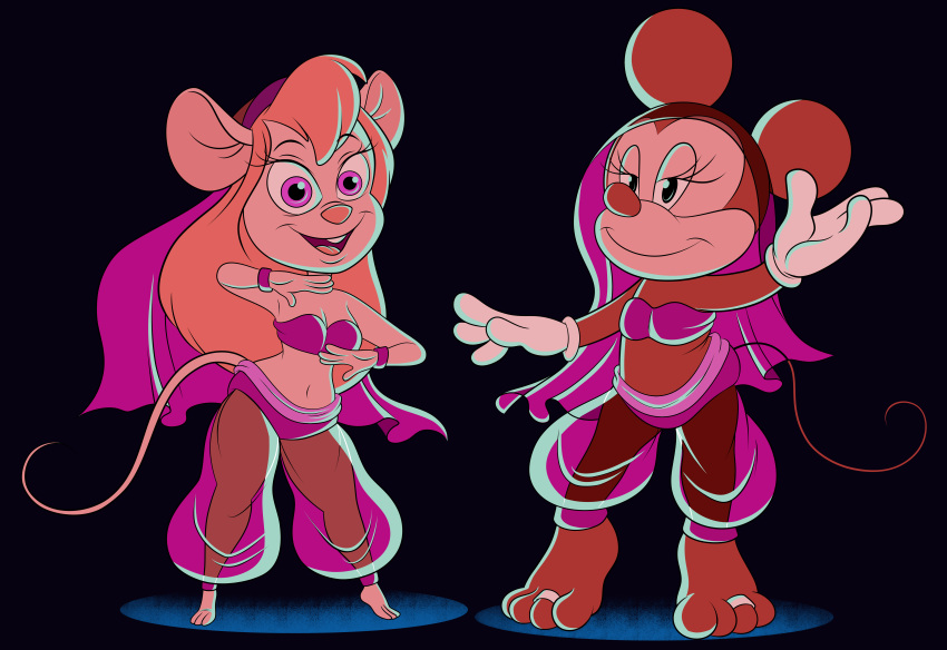 absurd_res anthro belly_dancer buckteeth chadrocco chip_'n_dale_rescue_rangers dancing digit_ring disney duo female gadget_hackwrench harem_outfit hi_res jewelry looking_at_viewer mammal minnie_mouse mouse murid murine ring rodent teeth toe_ring