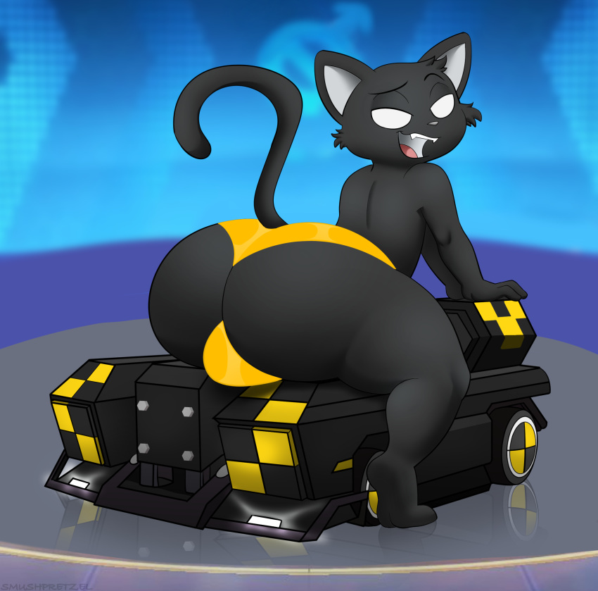 anthro big_butt black_body black_fur black_skin bulge butt cat_tail clothing crazyracing_kartrider domestic_cat featureless_eyes felid feline felis fur gold_underwear hi_res kart looking_back male mammal nexon no_pupils on_bottom on_top pinup pinup_pose pose presenting presenting_hindquarters reverse_cowgirl_position sex smushpretzel solo solo_focus thick_thighs tight_underwear underwear vehicle wyler_(1033)