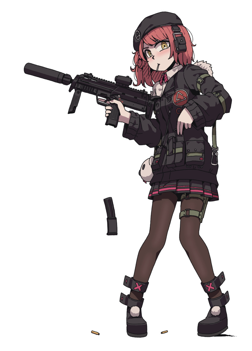 1girl beret girls_frontline gun h&amp;k_mp7 hat highres kare mp7_(girls_frontline) pantyhose ponytail red_hair shell_casing short_hair solo submachine_gun suppressor weapon yellow_eyes