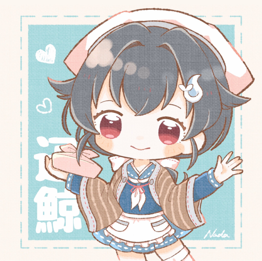 1girl apron bandana bangs black_hair blue_serafuku blush brown_shawl character_name chibi hair_flaps hair_ornament heart highres holding jingei_(kancolle) kantai_collection long_hair long_sleeves nada_namie neckerchief obentou red_eyes school_uniform serafuku shawl signature simple_background smile solo two-tone_background waist_apron white_apron white_neckwear