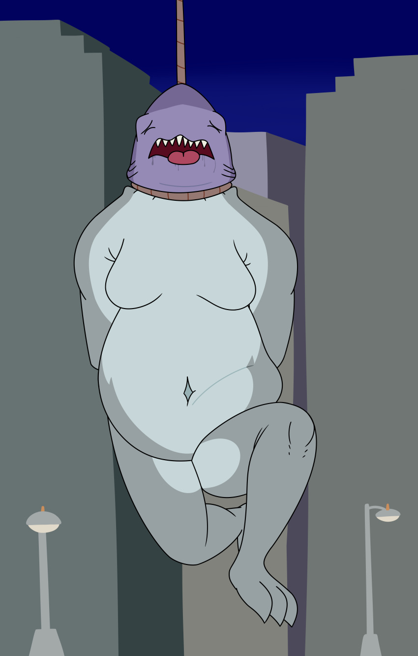 aaron_amethyst absurd_res anthro city dc_comics fish hands_behind_back hanged hanging_(disambiguation) hi_res king_shark male marine noose nooseplay open_mouth outside public shark sharp_teeth snuff solo solo_focus street_lamp teeth tongue tongue_out