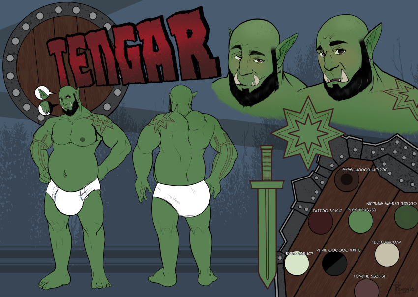 absurd_res beard belly clothed clothing diaper diaper_only ear_piercing ear_ring facial_hair front_view hi_res humanoid infantilism male model_sheet mostly_nude navel nipples not_furry orc pawgyle piercing rear_view solo tattoo topless tusks