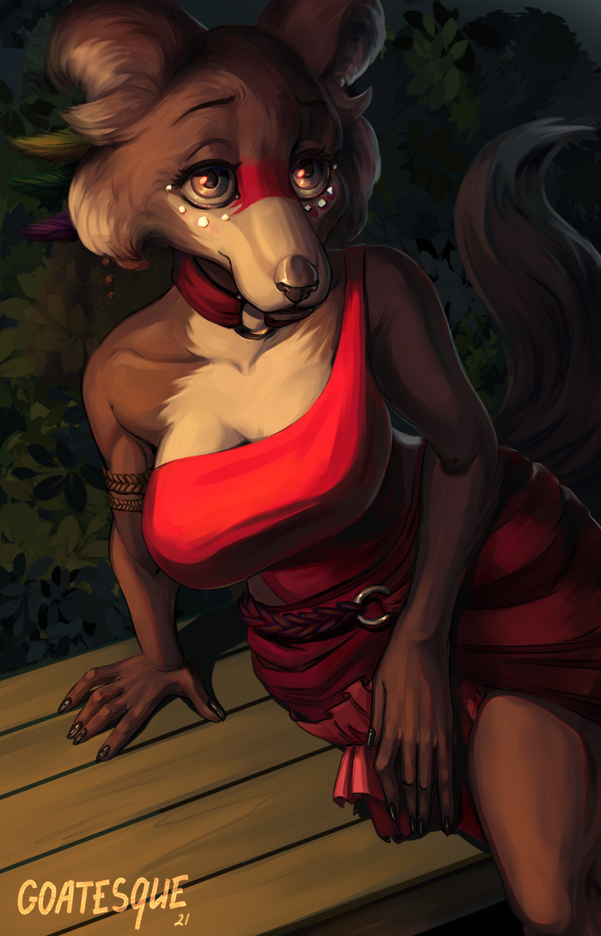 2021 5_fingers anthro armband artist_name beastars bench big_breasts black_nose breasts brown_body brown_fur canid canine canis choker cleavage clothed clothing crossed_legs detailed_background dress female fingers fur goatesque hi_res jewelry juno_(beastars) mammal multicolored_body multicolored_fur necklace plant shrub sitting solo two_tone_body two_tone_fur white_body white_fur wolf