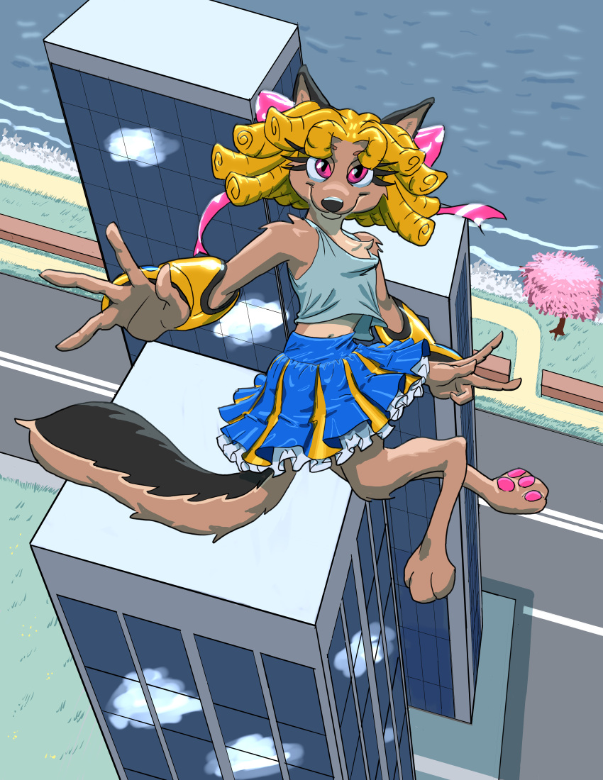 3_toes absurd_res anthro armor barefoot bottomwear bow bracers building canid canine canis cel_shading clothed clothing dahbastard digital_media_(artwork) digitigrade drill_curls eukayot eukayoticprokaryote feet female flying frilly hair hi_res jackal krita mammal pawpads pink_pawpads plant pleated_skirt ribbons shaded shirt skirt soles solo superhero tank_top toes topwear tree water
