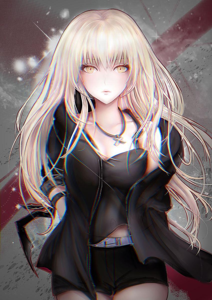 1girl absurdres alternate_hairstyle artoria_pendragon_(all) blonde_hair fate/grand_order fate_(series) highres jet_black_king_of_knights_ver._shinjuku_1999 jewelry lips long_hair looking_at_viewer necklace pinkuempire saber_alter shorts type-moon yellow_eyes
