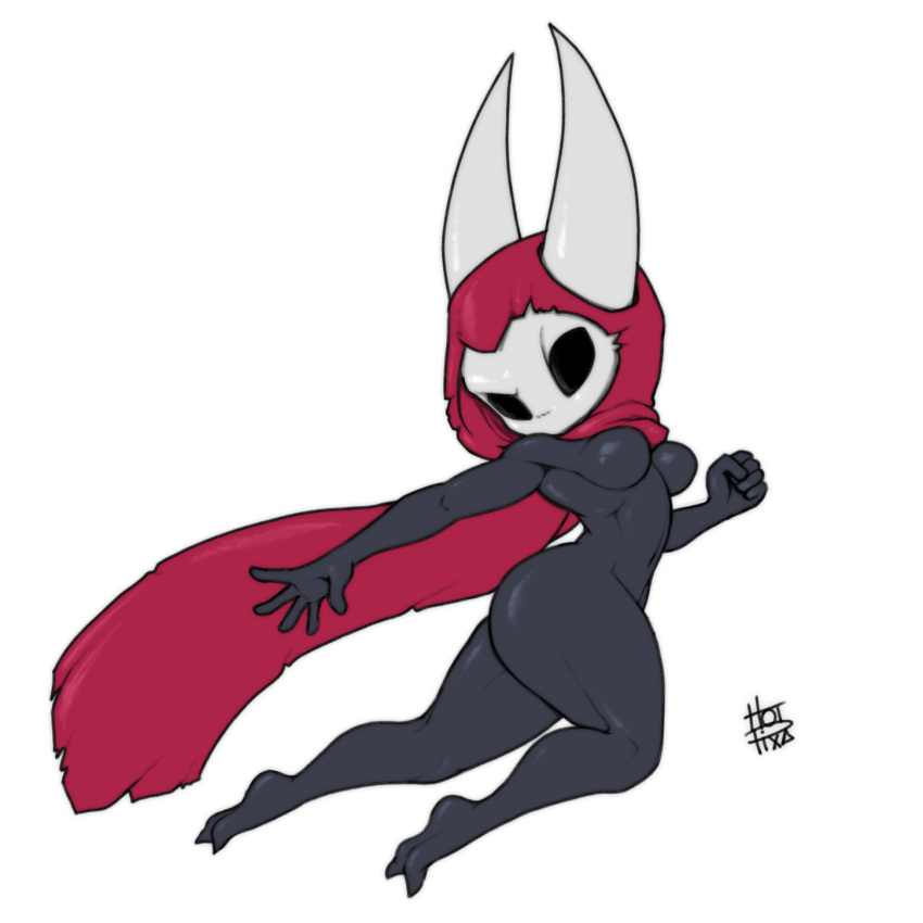 alternate_costume animal_humanoid arthropod arthropod_humanoid black_body black_skin breasts clothed clothing costume female for hi_res hollow_knight hood horn hornet hornet_(hollow_knight) hotpixa humanoid hymenopteran insect insect_humanoid jumping mask partially_clothed solo team_cherry thick_thighs vespid video_games wasp white_face