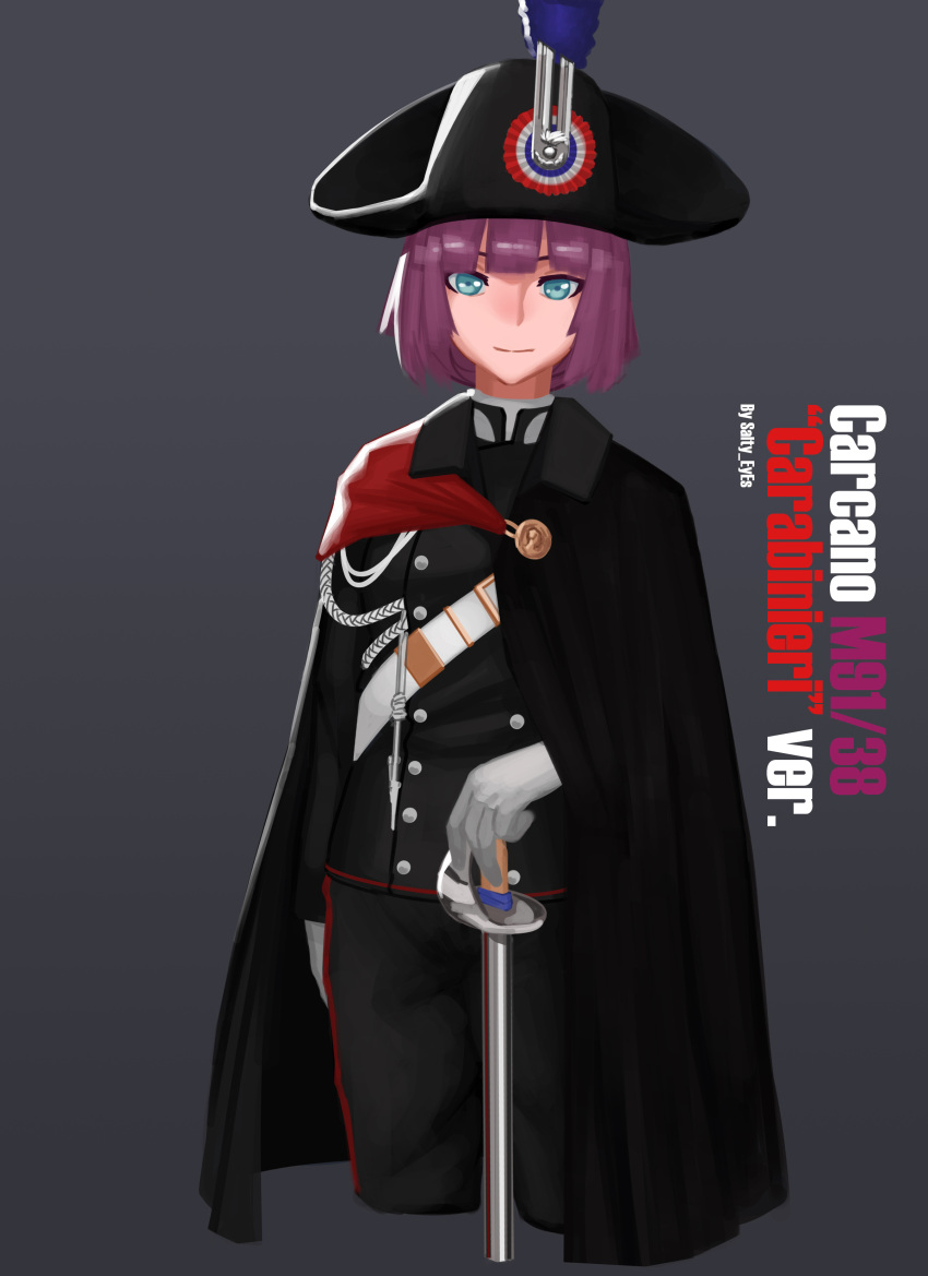 1girl absurdres aqua_eyes artist_name black_cloak black_headwear black_jacket black_pants carabinieri carcano_m91/38_(girls_frontline) character_name cloak closed_mouth english_text eyebrows_visible_through_hair girls_frontline gloves hat highres holding holding_sword holding_weapon jacket looking_at_viewer medium_hair military military_hat military_uniform pants purple_hair rapier salty_eyes simple_background solo sword uniform weapon white_gloves