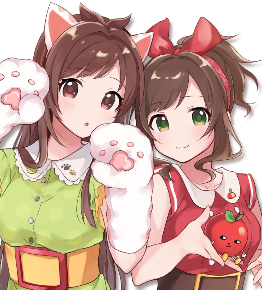 2girls :3 :o animal_ears animal_print antenna_hair apple_print belt blush brown_hair buttons cat_paws cat_print collarbone cosplay costume_switch eyebrows_visible_through_hair fake_animal_ears green_eyes hair_ornament hair_ribbon hairband highres idolmaster idolmaster_cinderella_girls knokzm looking_at_viewer maekawa_miku multiple_girls paws ponytail red_eyes ribbon ringorou_(idolmaster) short_sleeves simple_background smile tsujino_akari upper_body white_background