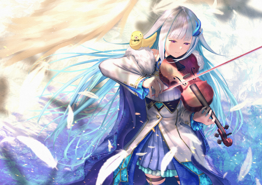 1girl absurdres bangs bird black_neckwear blue_skirt blunt_bangs bow bowtie chick cloak commentary detached_sleeves dress eyebrows_visible_through_hair feathers fur_trim highres instrument lize_helesta long_hair long_sleeves music nijisanji playing_instrument puffy_sleeves purple_eyes rakuraku_dou sidelocks skirt thighhighs violin violin_bow white_dress white_hair