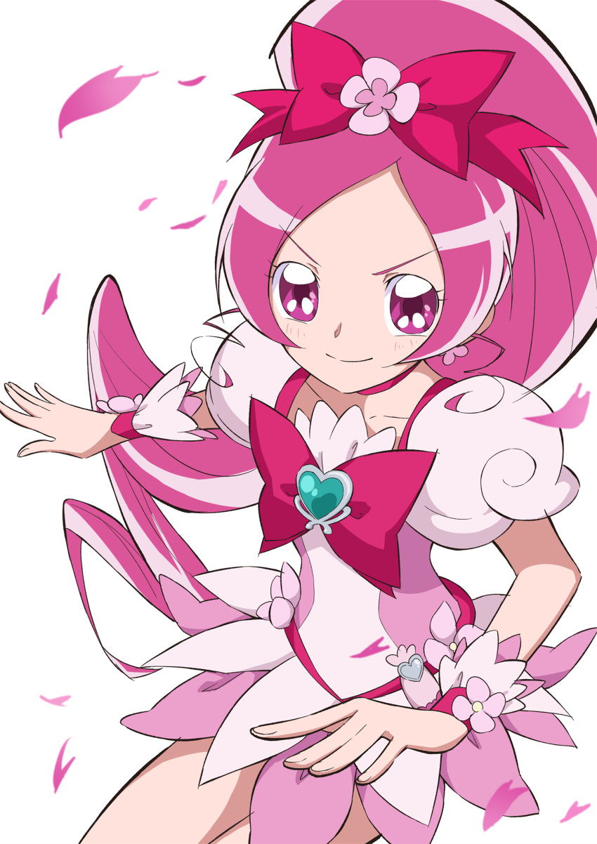 1girl aizawa_zawapo brooch cherry_blossoms choker collarbone cowboy_shot cure_blossom dress earrings forehead hair_ornament hair_ribbon hanasaki_tsubomi heart heart_hair_ornament heartcatch_precure! highres jewelry looking_back magical_girl petals pink_choker pink_dress pink_ribbon pink_theme precure puffy_sleeves ribbon smile solo white_background