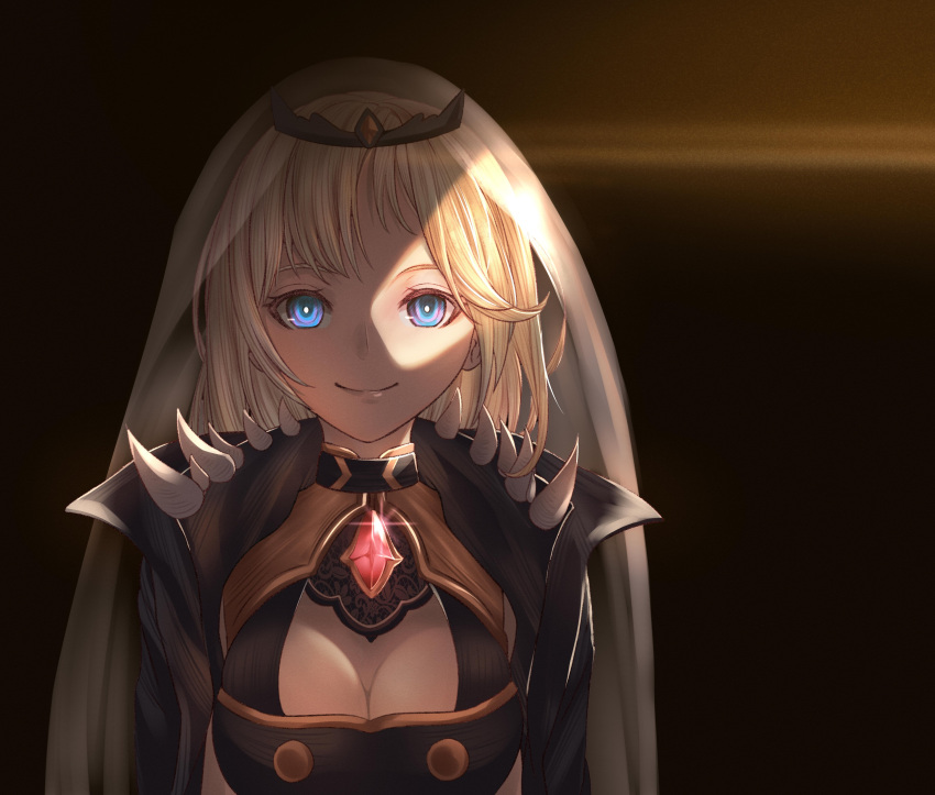1girl absurdres bangs black_cape black_dress blonde_hair blue_eyes breasts cape cleavage cleavage_cutout clothing_cutout cosplay dress eyebrows_behind_hair highres hololive hololive_english honkivampy looking_at_viewer medium_breasts medium_hair mori_calliope mori_calliope_(cosplay) shiny smile solo spikes tiara veil virtual_youtuber watson_amelia