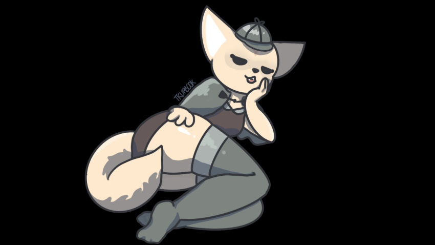 aggressive_retsuko anthro big_ears bottomwear canid canine clothing cosplay detective detective_hat fangs female fenneko fox legwear mammal pinup pose sanrio skirt smug_face solo teasing thick_thighs thigh_highs tkupbook