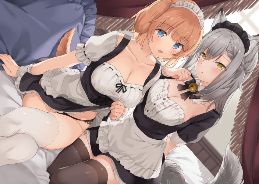 2girls animal_ears blush breasts cleavage gray_hair headband kurasawa_moko maid no_bra original panties skirt_lift tail thighhighs underwear