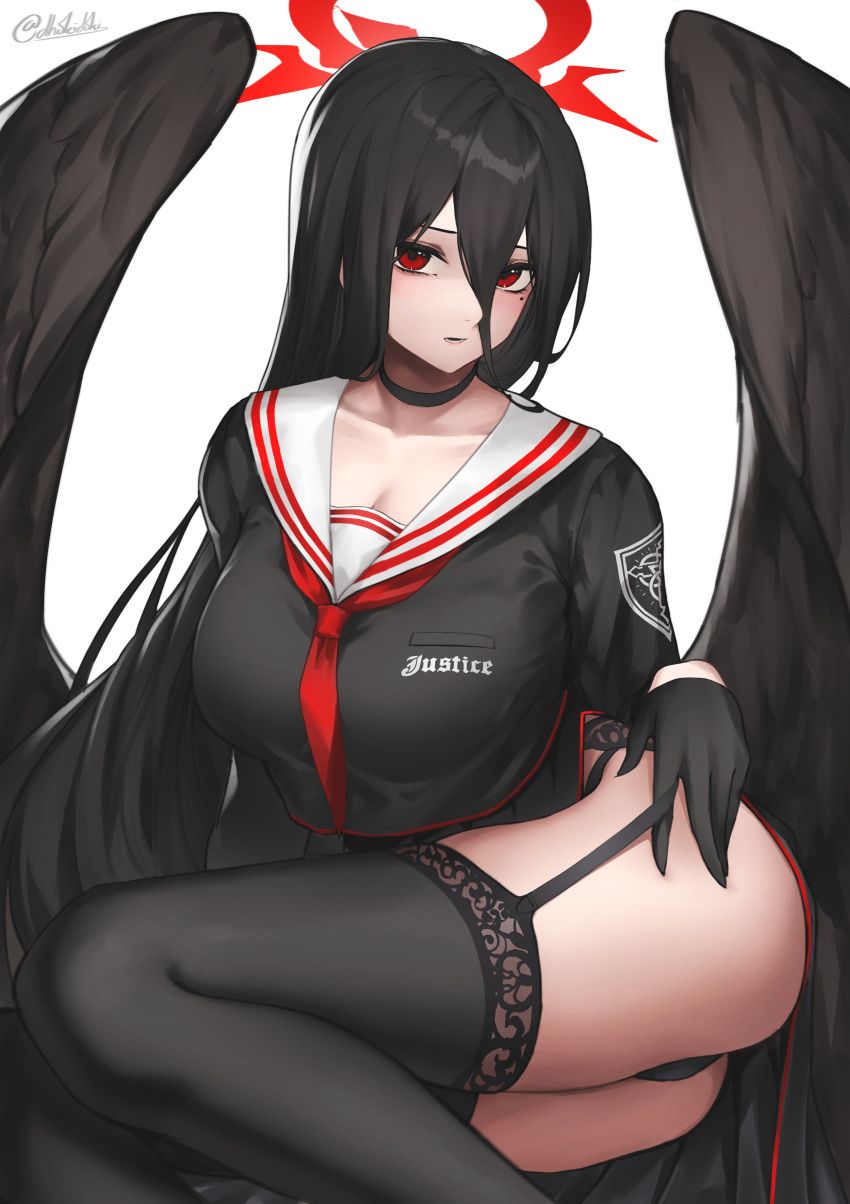 1girl absurdres bad_anatomy black_choker black_gloves black_hair black_legwear black_panties black_shirt black_wings blue_archive breasts choker cleavage collarbone dhokidoki feet_out_of_frame garter_straps gloves hair_between_eyes halo hand_on_ass hasumi_(blue_archive) highres large_breasts long_hair looking_at_viewer mole mole_under_eye neckerchief panties parted_lips red_eyes red_neckwear sailor_collar shirt signature simple_background solo strap_pull thighhighs underwear very_long_hair white_background wings
