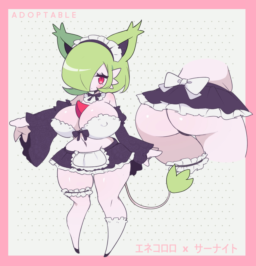 1girl :o absurdres animal_ears apron ass bare_shoulders black_panties blush bob_cut bow bow_bra bra breasts cat_ears clarevoir cleavage covered_nipples delcatty frills full_body fusion gardevoir gen_3_pokemon hair_over_one_eye highres large_breasts long_hair looking_at_viewer maid maid_apron maid_headdress multiple_views navel original panties red_eyes short_hair sidelocks simple_background single_thighhigh skindentation solo tail thigh_strap thighhighs thighs underwear