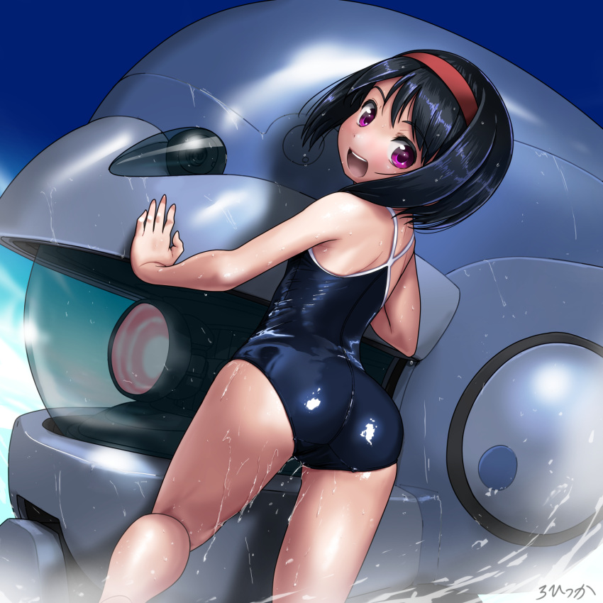 1girl ass black_hair blue_swimsuit cloud competition_school_swimsuit from_behind hairband highres kneepits legs looking_back mecha one-piece_swimsuit open_mouth original outdoors pink_eyes rohitsuka school_swimsuit shiny shiny_clothes short_hair sky smile solo swimsuit thighs wet wet_clothes wet_hair wet_swimsuit