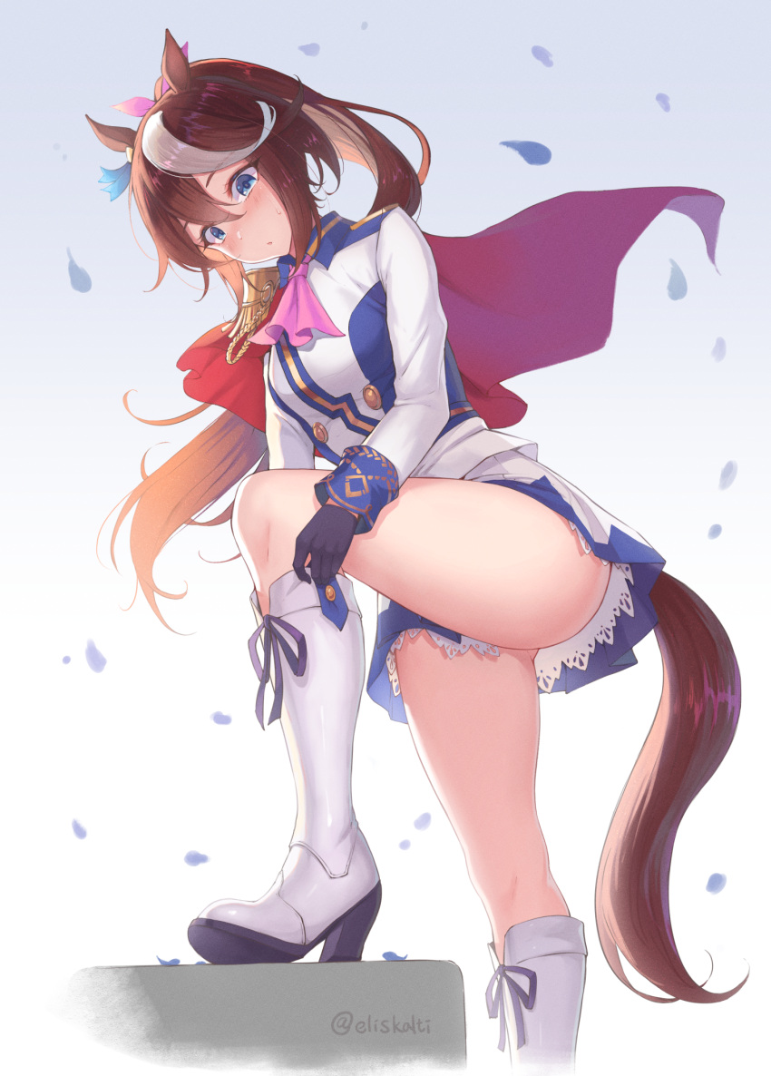 1girl adjusting_footwear animal_ears ascot black_gloves blue_eyes blue_skirt blush boots breasts brown_hair capelet eliskalti epaulettes gloves hair_ribbon high_heel_boots high_heels highres horse_ears horse_girl horse_tail knees_up leg_up long_hair long_sleeves looking_down medium_breasts miniskirt multicolored_hair parted_lips petals pink_neckwear pink_ribbon ponytail red_capelet ribbon skirt solo standing streaked_hair sweat tail thighs tokai_teio twitter_username two-tone_hair umamusume white_footwear white_hair