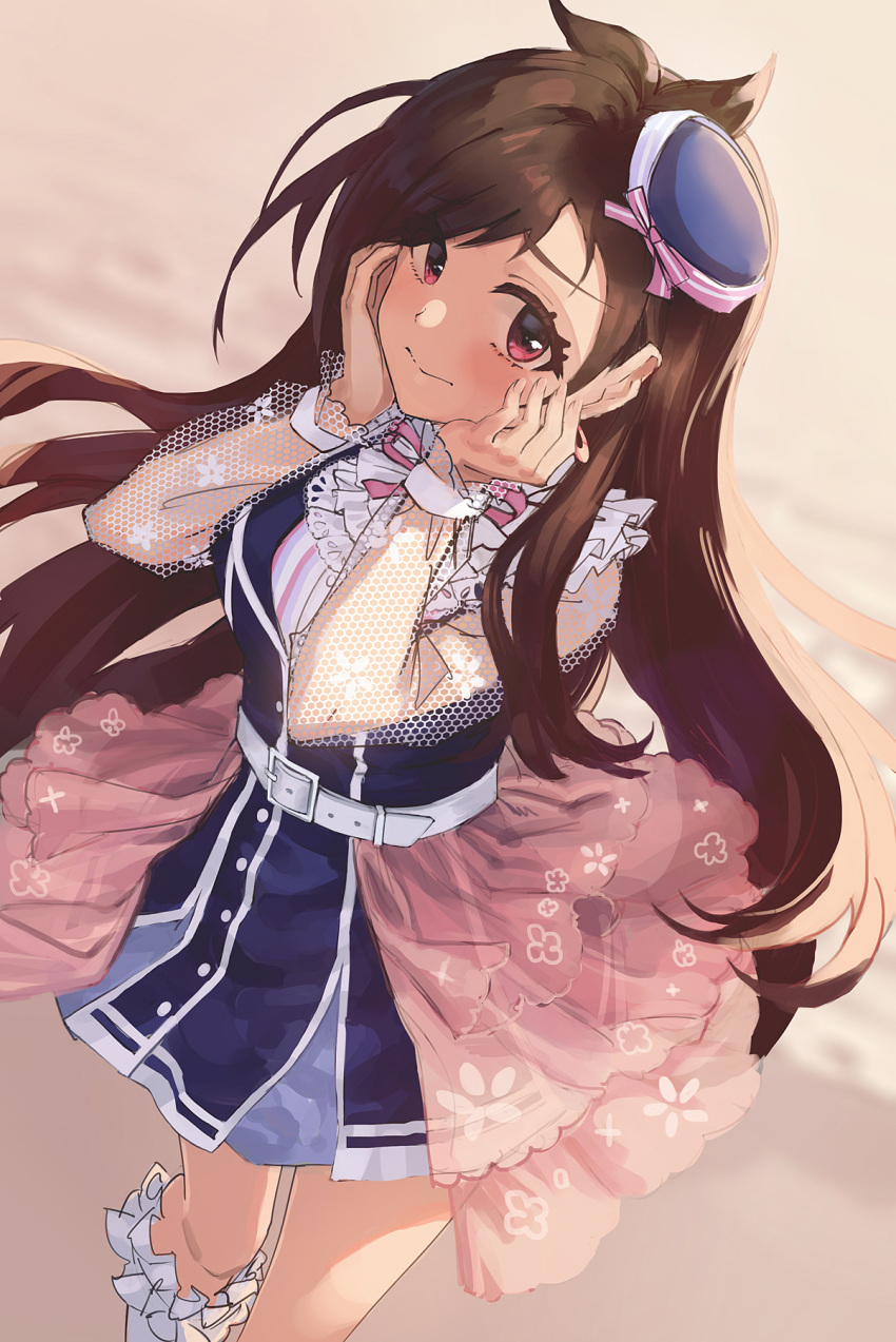 1girl antenna_hair belt blue_dress blush brown_hair dress embarrassed eyebrows_visible_through_hair floral_print gradient gradient_background hat highres idolmaster idolmaster_cinderella_girls idolmaster_cinderella_girls_starlight_stage long_hair looking_at_viewer neck_ribbon red_eyes ribbon ribbon_trim ryokucha_manma see-through_sleeves smile solo tsujino_akari white_belt