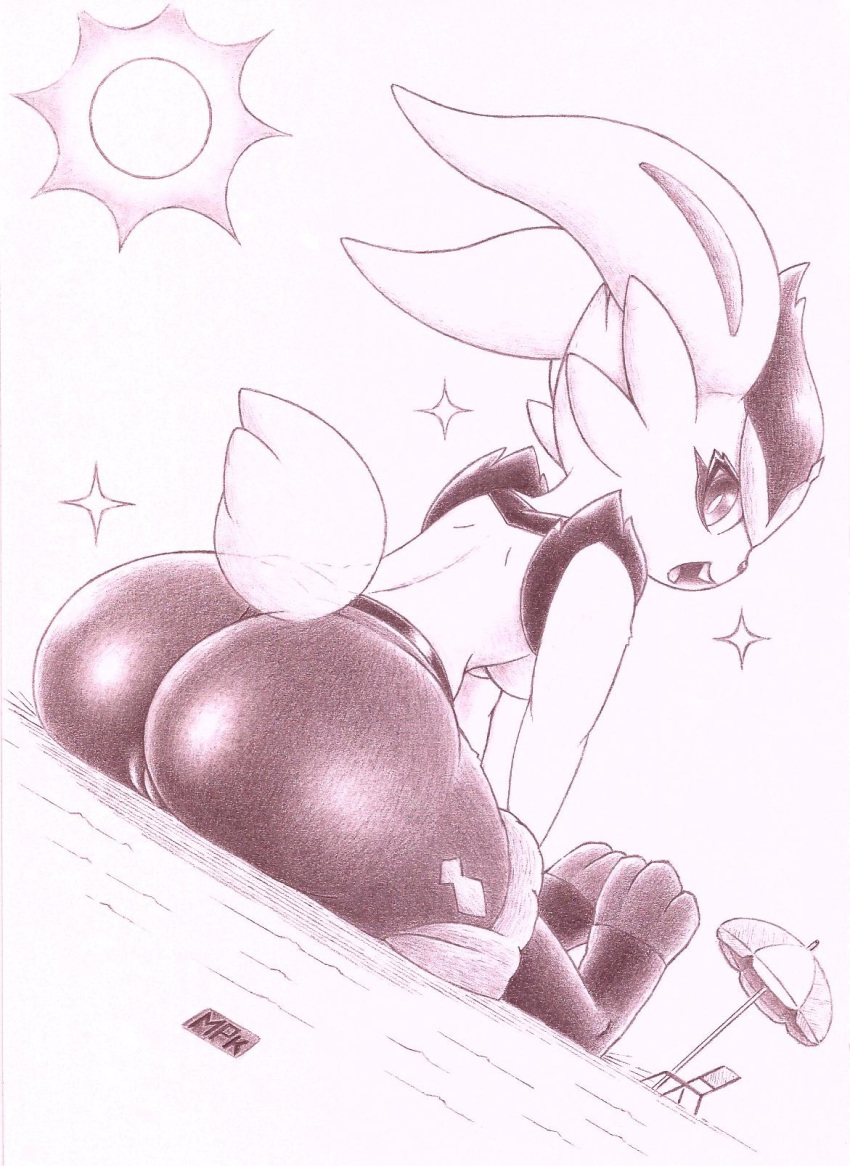 animal_humanoid anthro beach big_butt breasts butt butt_focus cinderace female fullfolka genitals graphite_(artwork) hi_res humanoid lagomorph lagomorph_humanoid leporid leporid_humanoid looking_at_viewer looking_back low-angle_view mammal mammal_humanoid monochrome nintendo open_mouth open_smile pencil_(artwork) pok&eacute;mon pok&eacute;mon_(species) pussy rabbit rabbit_humanoid rear_view seaside simple_background sitting smile solo sparkles sun traditional_media_(artwork) translucent_tail video_games white_background