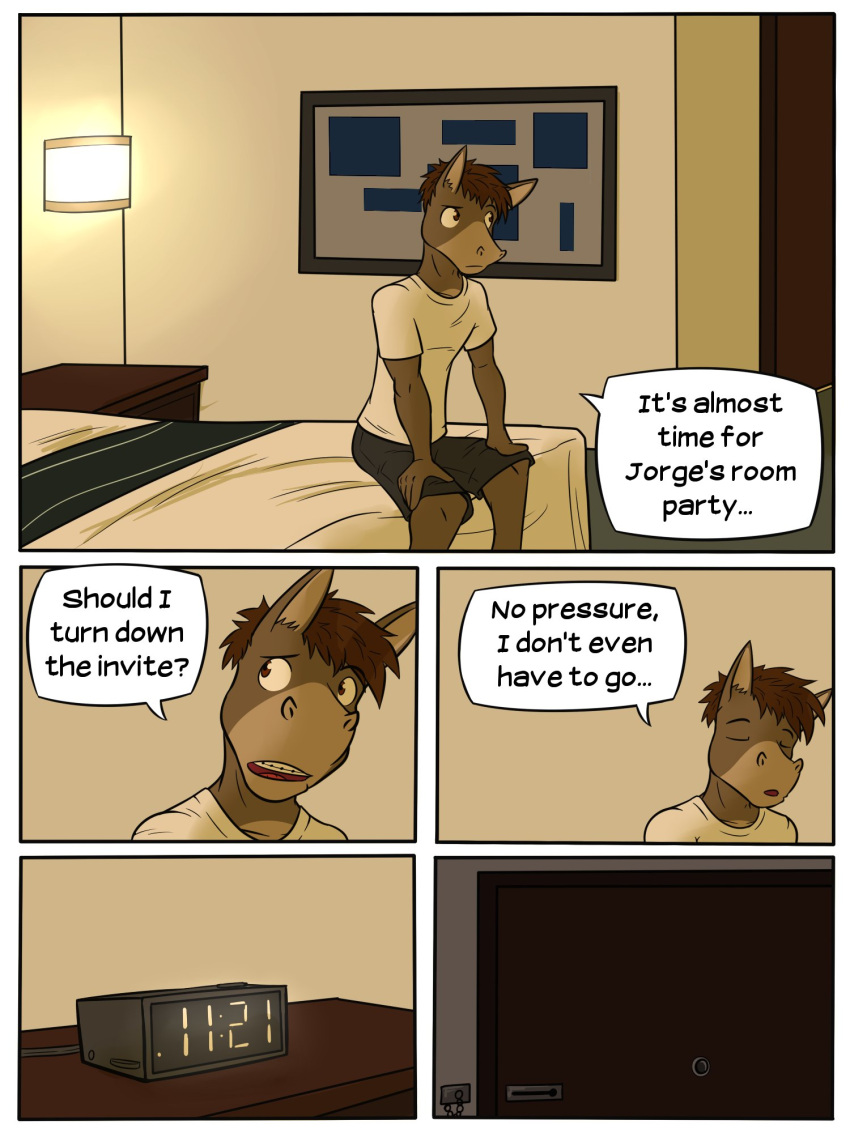 alarm_clock anthro asinus bed bottomwear braces clock clothed clothing comic dialogue donkey english_text equid equine furniture fuze hi_res hotel jacques_(fuze) male mammal on_bed shirt shorts sitting solo t-shirt texnatsu text topwear