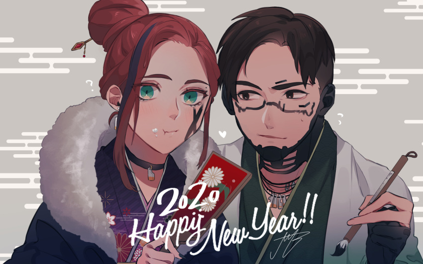 1boy 1girl 2020 ? adapted_costume alternate_hairstyle apex_legends black_choker black_eyes black_hair choker crumbs crypto_(apex_legends) earrings eating facepaint green_kimono hair_behind_ear hair_bun happy_new_year heart highres holding holding_paintbrush iyo_(nanaka-0521) japanese_clothes jewelry kimono looking_at_viewer looking_to_the_side mila_alexander mole_above_eye multicolored_hair necklace new_year orange_hair paintbrush parted_hair purple_hair purple_kimono smile streaked_hair