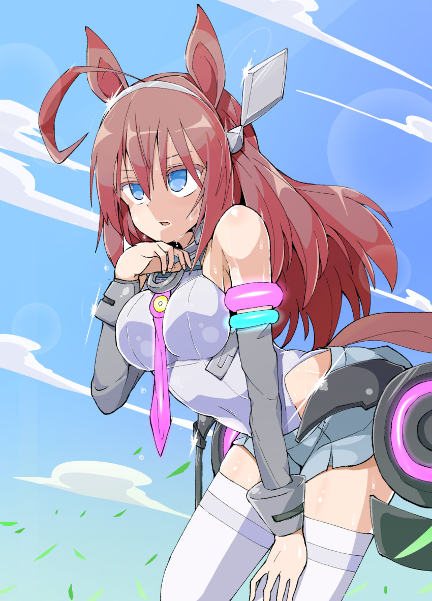 1girl ahoge animal_ears armlet bare_shoulders blue_eyes blue_sky breasts cloud detached_sleeves futomashio hair_between_eyes hand_on_own_chin headgear highres horse_ears horse_girl horse_tail leaning_forward long_hair mihono_bourbon necktie open_mouth red_hair sky solo standing sweat tail thighhighs umamusume